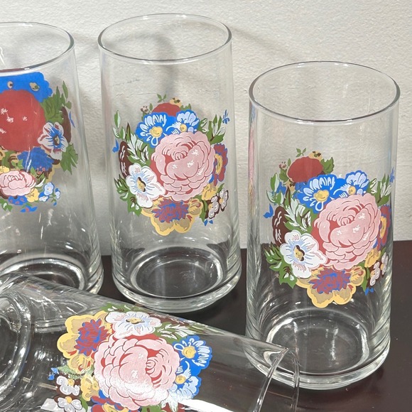 Set of 5 Tabletops Unlimited Tumbler Glasses Flowers Clear Glass Drinkware Vtg - Picture 4 of 7